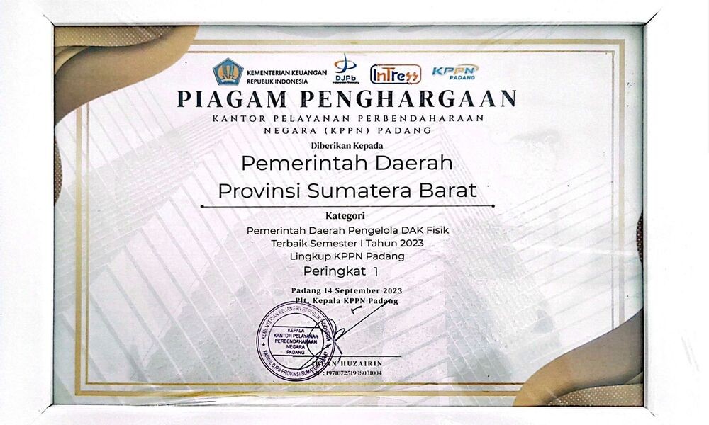 28 Pemerintah Provinsi Sumatera Barat (Pemprov Sumbar) meraih penghargaan sebagai Terbaik 1 dalam hal Pengelolaan Dana Alokasi Khusus (DAK) Fisik Semester I Tahun 2023 di Lingkup KPPN Padang.