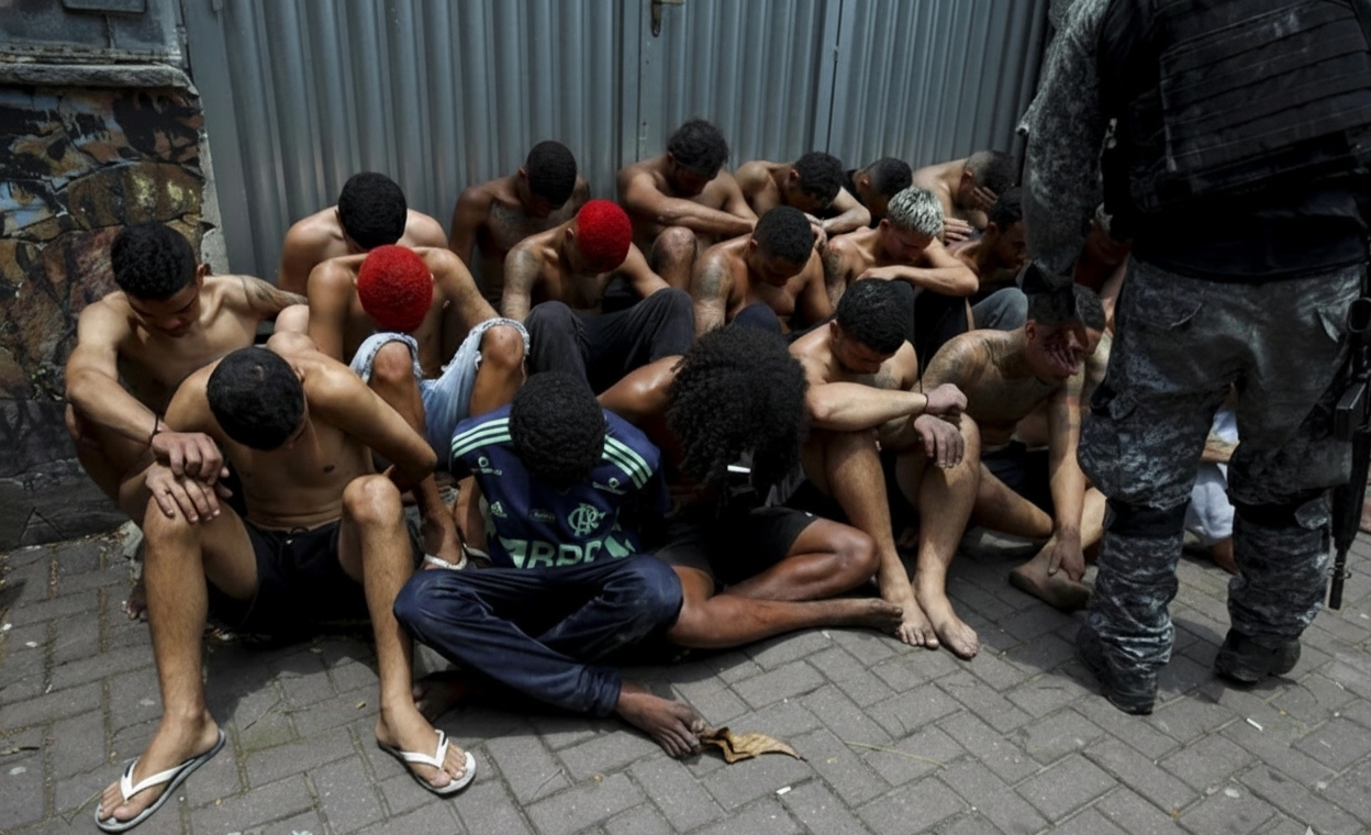 28 Sejumlah tersangka pengedar narkoba duduk di tanah setelah ditahan oleh anggota unit khusus polisi militer pada operasi melawan perdagangan narkoba di favela do Penha, Rio de Janeiro, Brasil, Selasa (28/10/2025). (REUTERS)